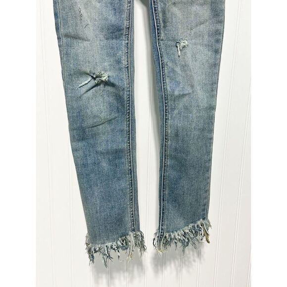 Free People Frayed Hem Distressed‎ Mid Rise Skinny Jeans Blue Stonewash Size 24 - Picture 10 of 11